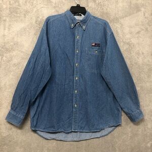 Vintage Obermeyer Womens Chambray Shirt Large Blue Button Up Long Sleeve